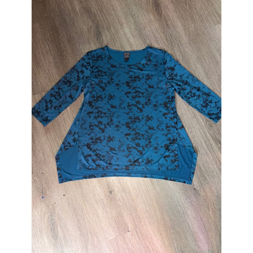 Clara Sunwoo Teal Black Abstract Print Sharkbite Tunic Top 3/4 Sleeve Medium B5